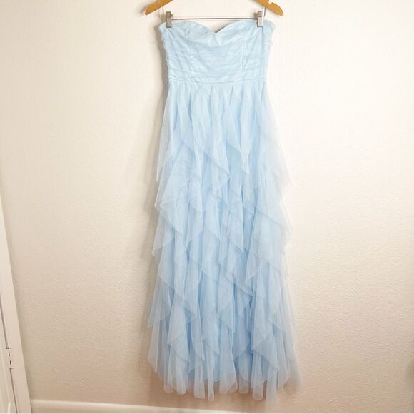 Lulus Delightful Beauty Blue Mesh Strapless Ruched Ruffled Maxi Dress Medium - Picture 2 of 6